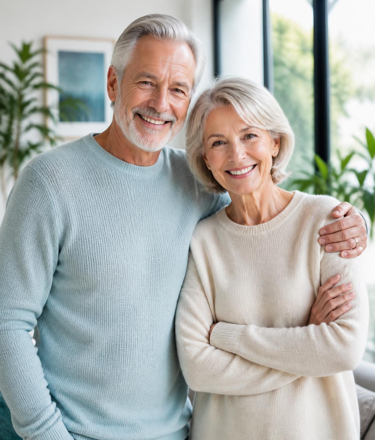 A retired couple in Dallas, Texas smiling together at home